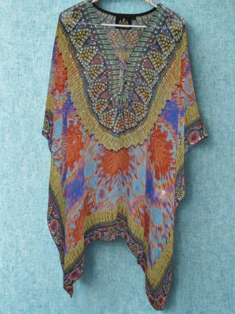 Asa Kaftan Embellished Colorful Boho beach Vacation Tunic Top